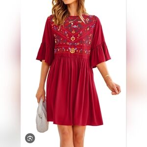 Chic Red Embroidery Floral Mini Dress